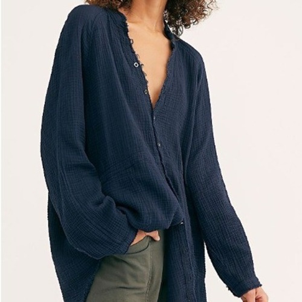 We‎ The Free Summer Day Dream Black Gauze Button Down Shirt Raw Hem Small